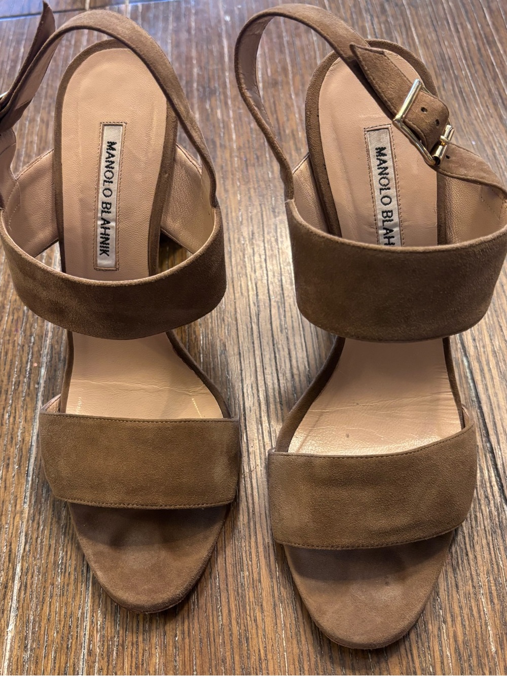 Manolo Blahnik Brown Suede Two-Strap Slingback Heels